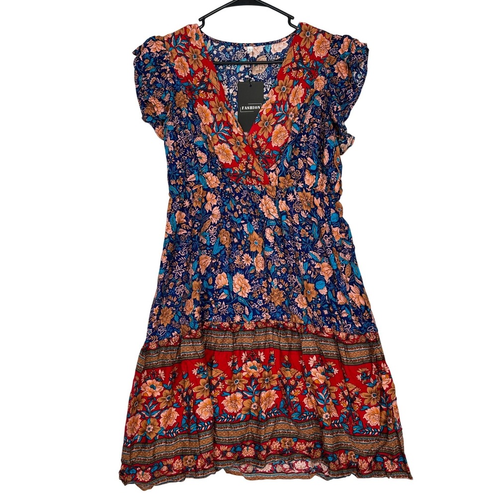 Kohl's Floral Print Two Tier‎ Ruffle Sleeve Dress V-Neck Women's Large NWT